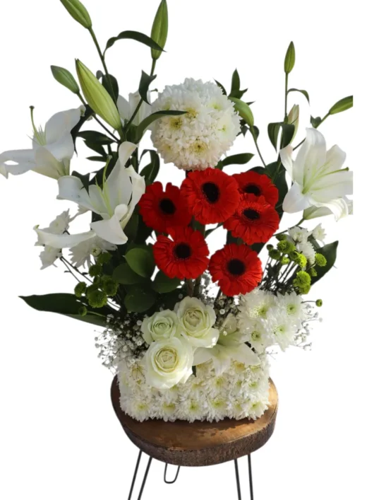 Cardinal Bloom red and white flower arrangement by RosaBella Flowers