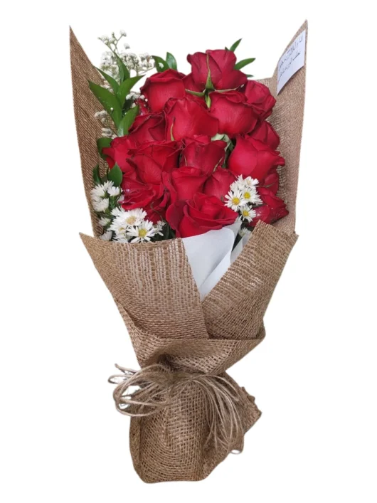 Scarlet Heritage red roses and daisies bouquet by RosaBella Flowers