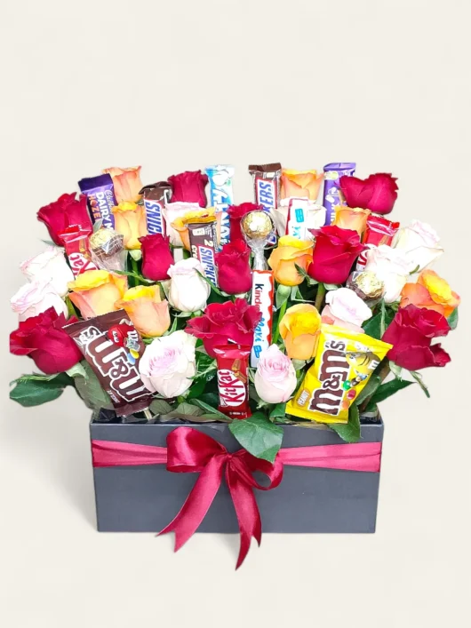 Candy Garden Box mixed roses and chocolate gift box by RosaBella Flowers